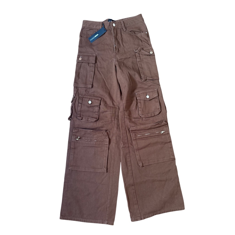 Fashion Nova Cargo Pants Women Dark Brown Wide Leg Multi Pocket NWT SIZE 5